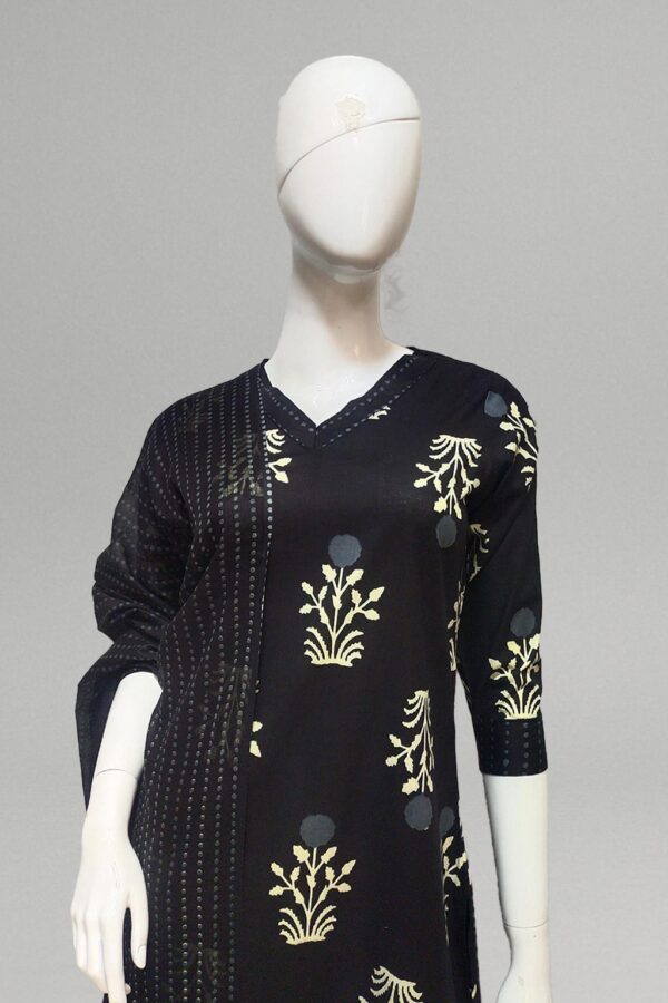 Black floral printed kurti set with printed pants and dupatta