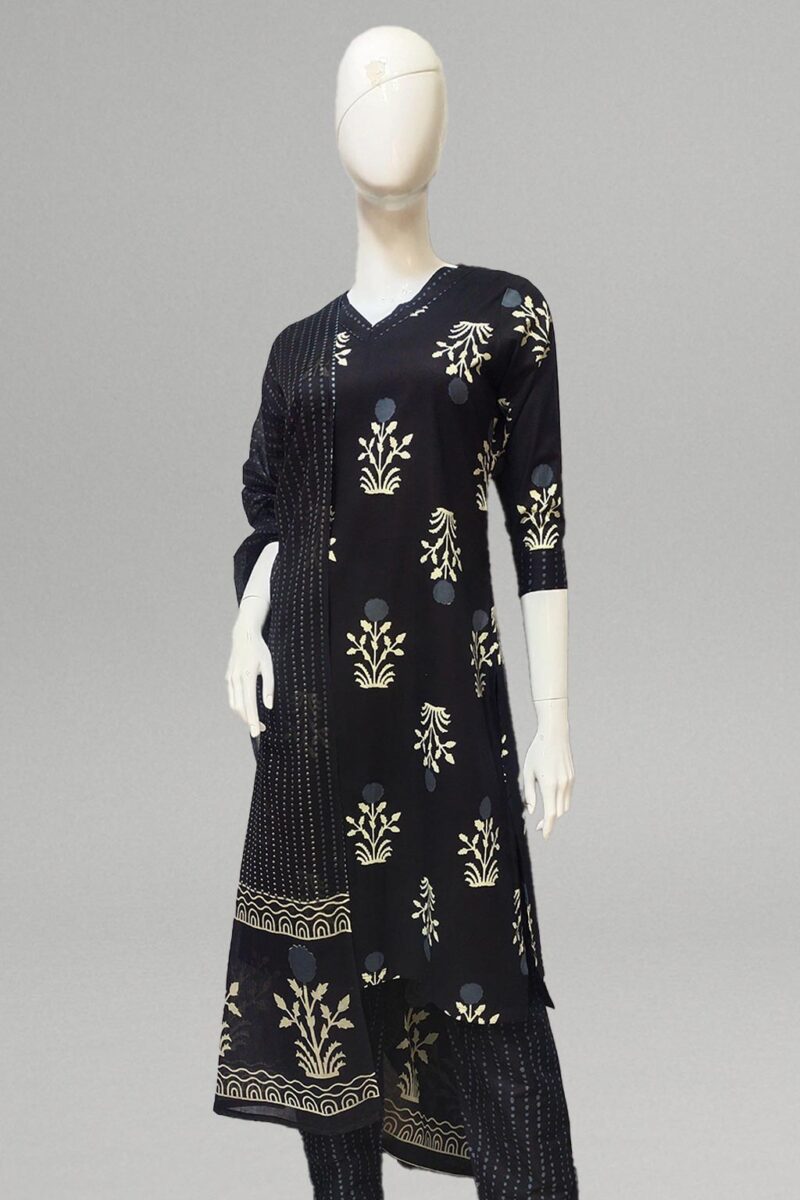 Black floral printed kurti set with printed pants and dupatta
