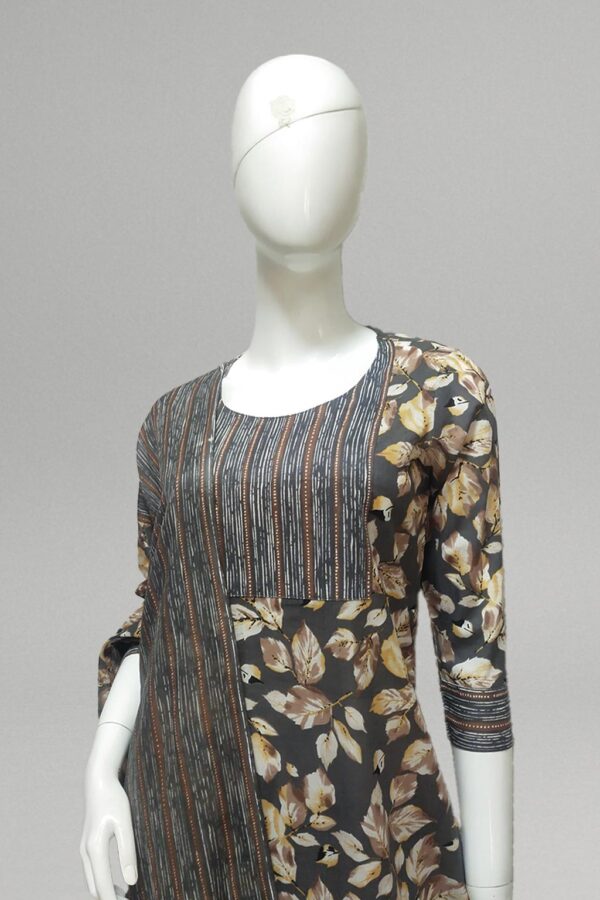 Brown leaf printed kurti set with striped dupatta