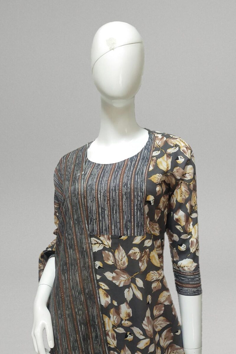 Brown leaf printed kurti set with striped dupatta