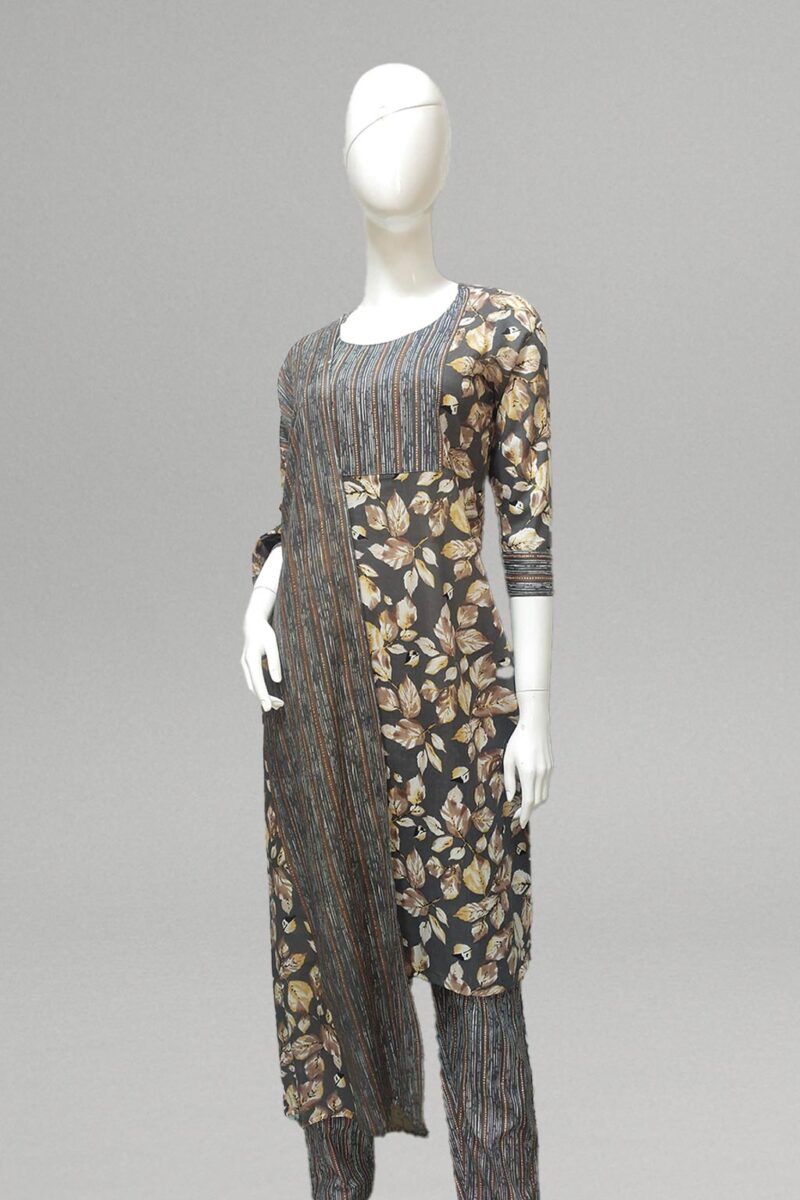 Brown leaf printed kurti set with striped dupatta