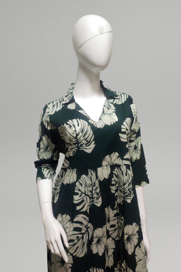 Green Leaf Printed Midi Dress With Collar