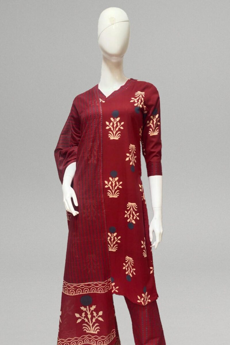 Elevate your festive wardrobe with this maroon kurti set featuring intricate beige floral prints. The kurti is styled with a modern V-neck and paired with matching straight pants that offer both comfort and elegance. Perfect for special occasions or cultural celebrations.