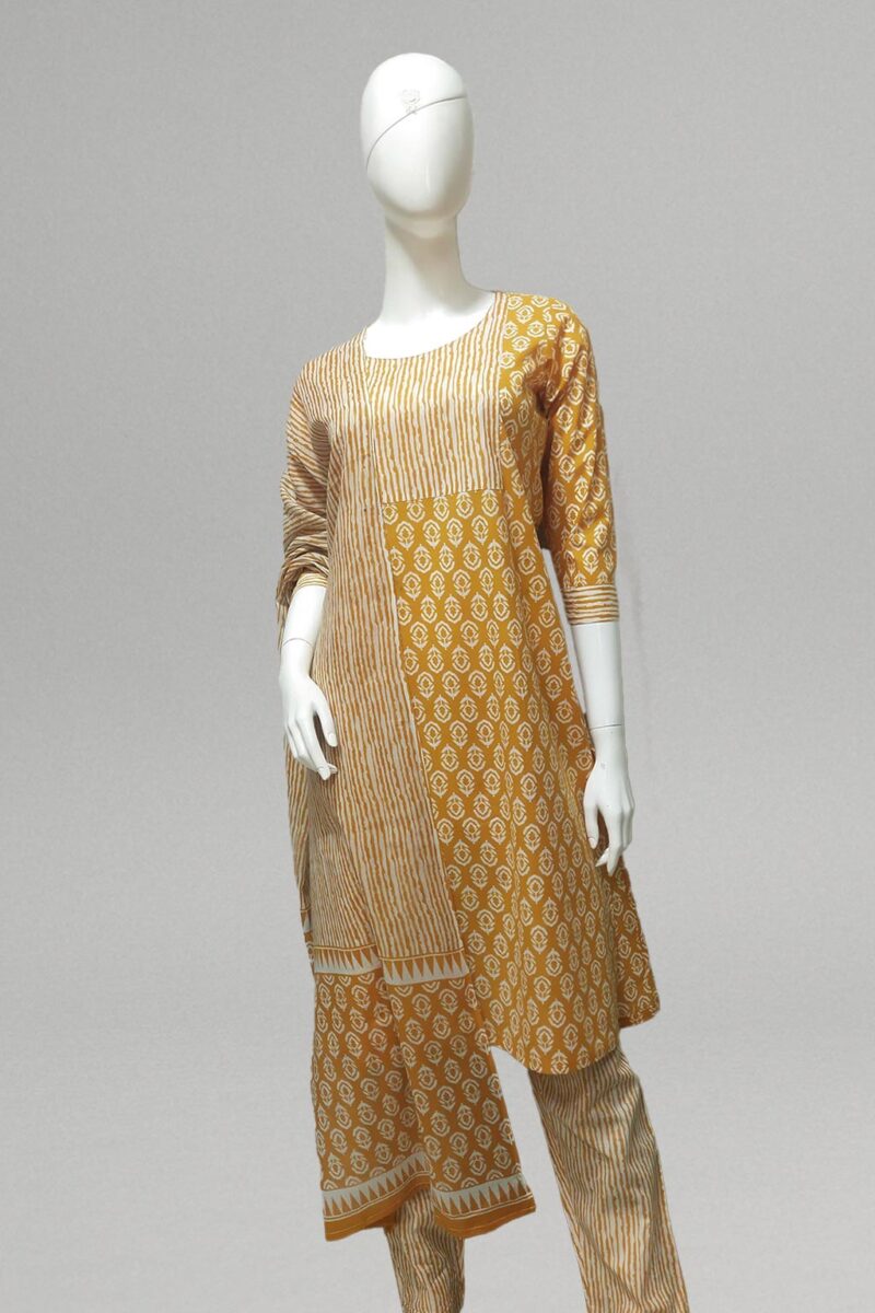 mustard kurti set, block print cotton suit, ethnic wear, festive cotton kurta, kurti with pant