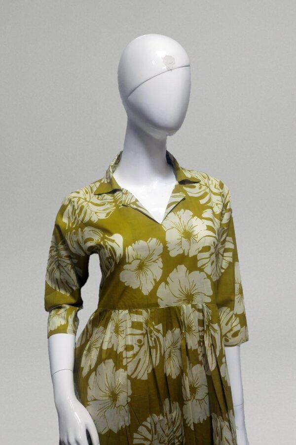 Mustard floral printed cotton midi dress with collar