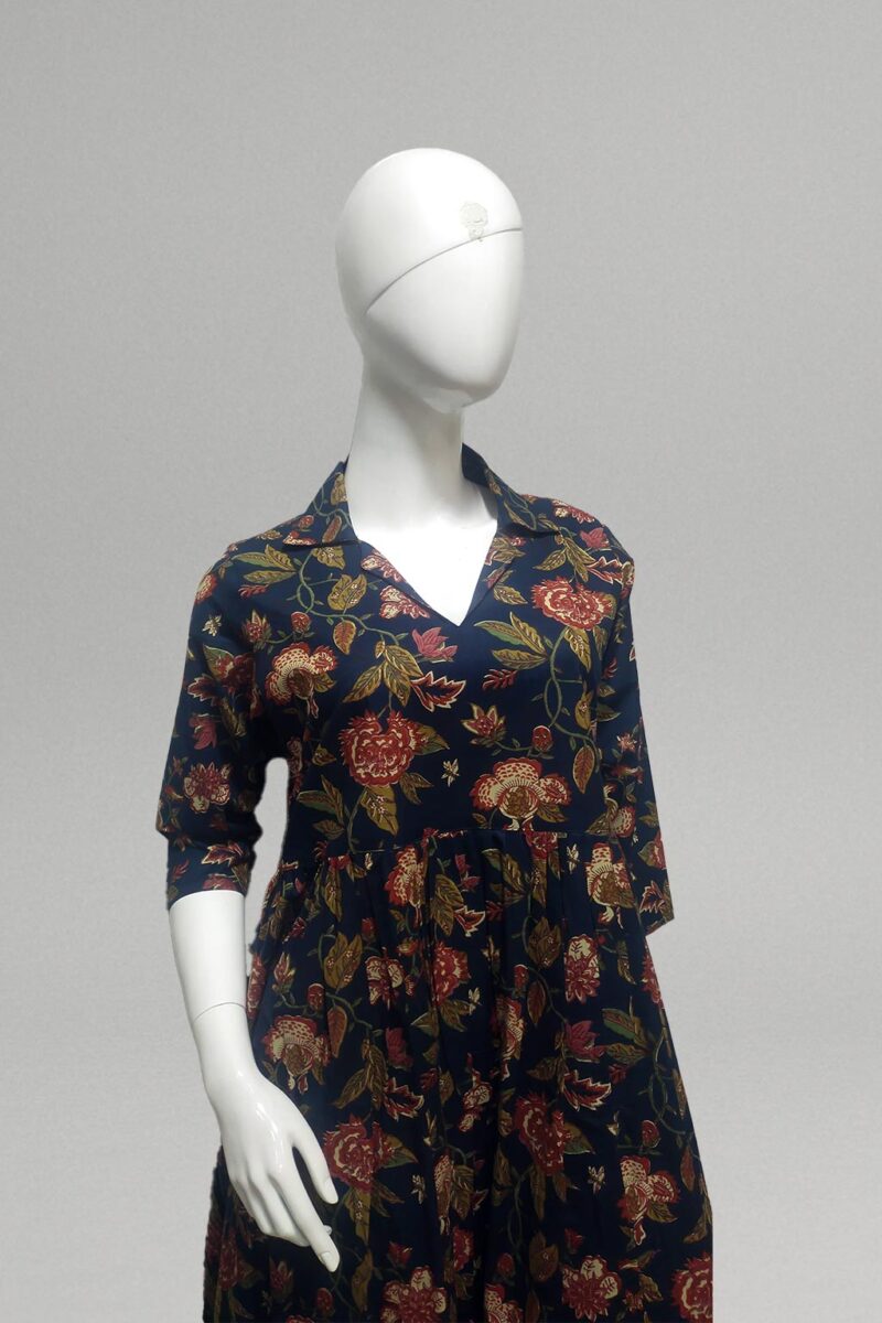 Navy Blue Floral Casual Midi Dress
