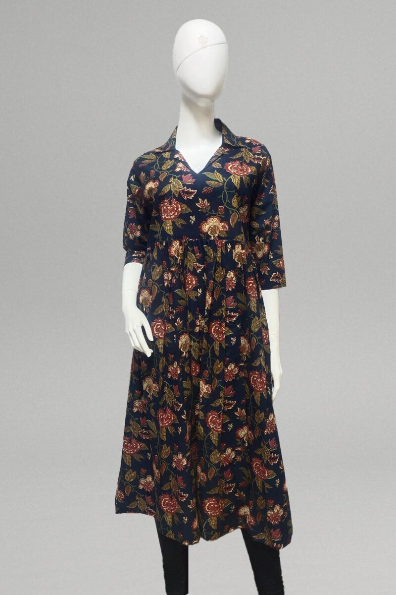 Navy Blue Floral Casual Midi Dress - Image 2