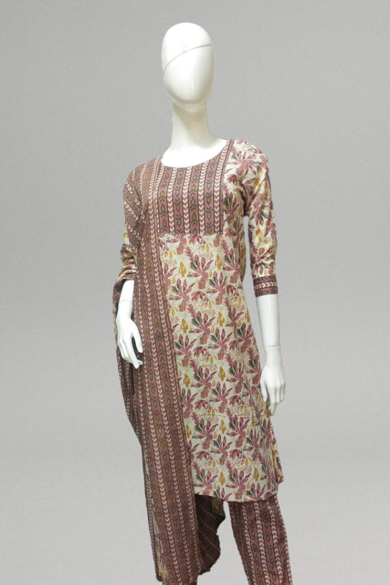 Peach and maroon floral print kurti set with traditional dupatta