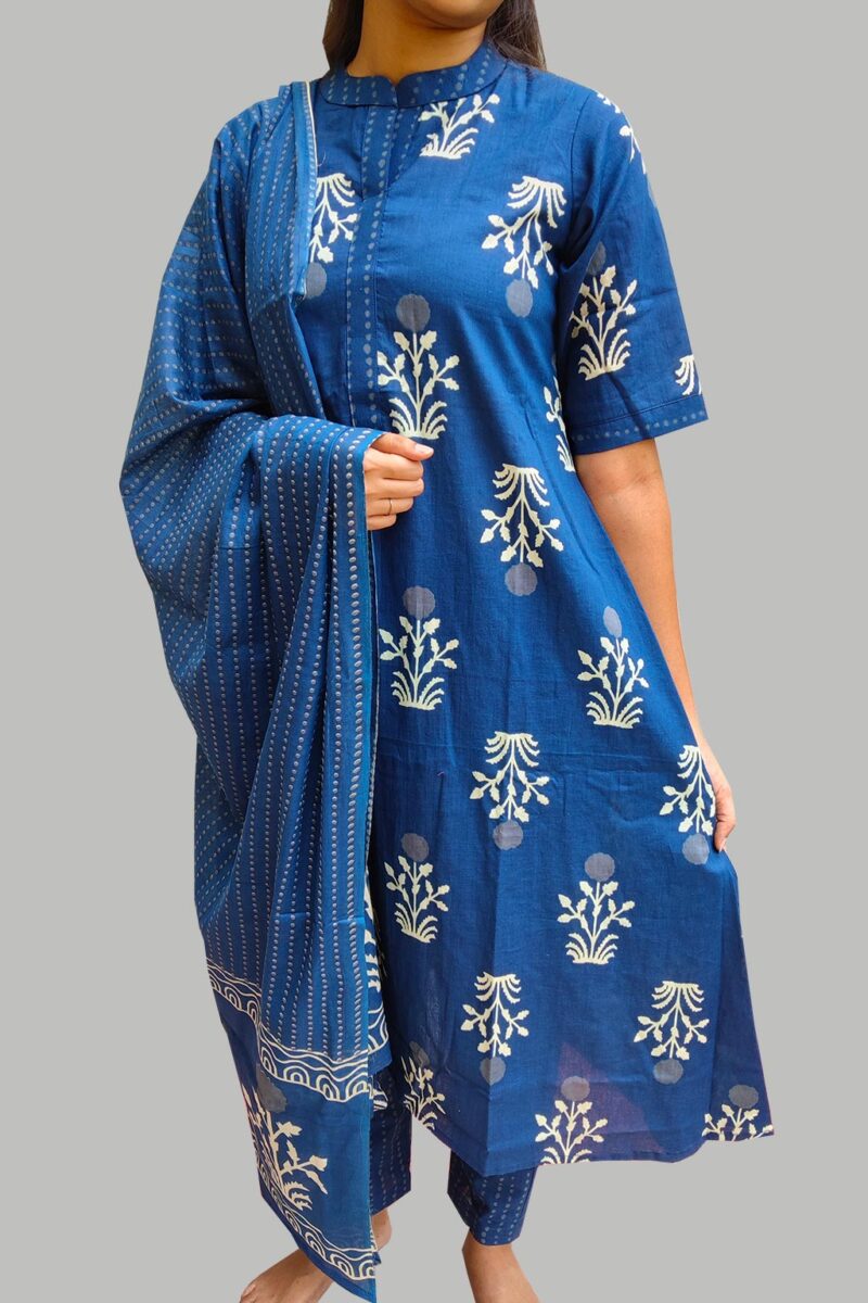 Royal blue kurti set with white floral printed, short sleeves, and matching dupatta