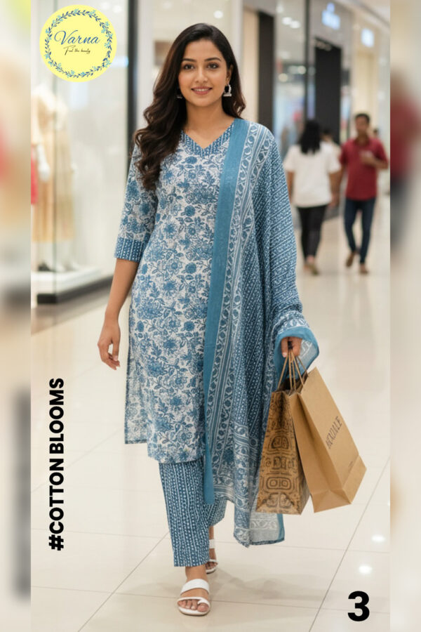Varna Blue Cotton Bloom Printed Salwar Suit with Dupatta