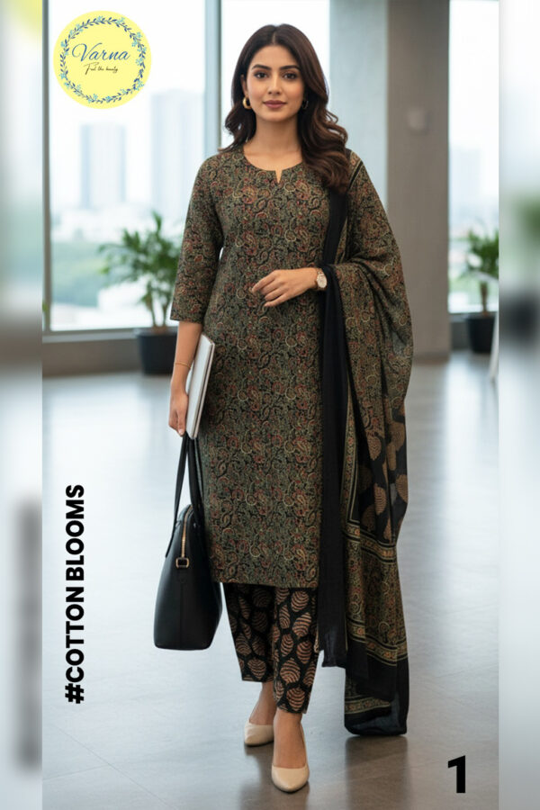 Varna Cotton Bloom Printed Salwar Suit with Dupatta – Black & Green