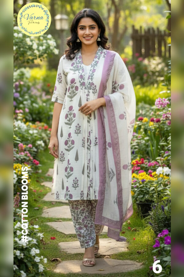 Varna Off White Cotton Bloom Printed Salwar Suit with Dupatta