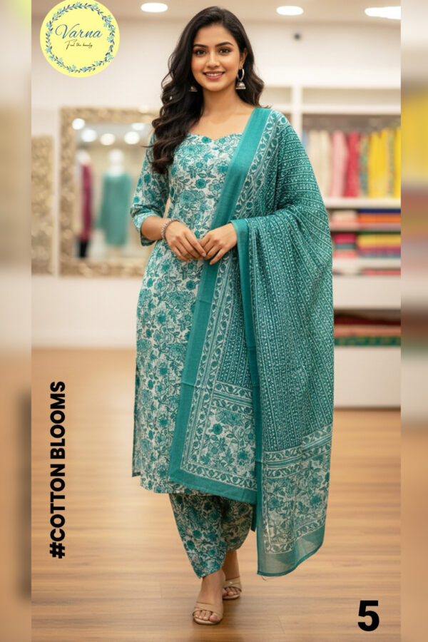 Varna Sea Green Cotton Bloom Printed Salwar Suit with Dupatta