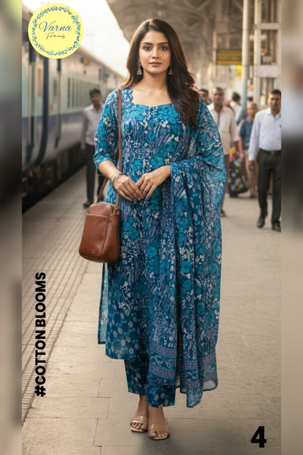 Varna Teal Cotton Bloom Printed Salwar Suit with Dupatta