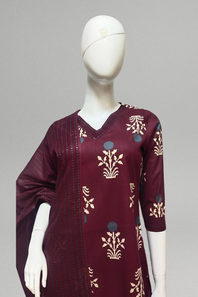 Wine color ethnic printed kurti set with floral detailing and printed dupatta