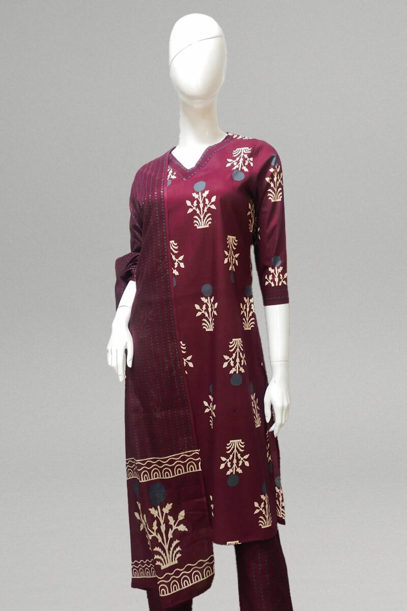 Wine color ethnic printed kurti set with floral detailing and printed dupatta